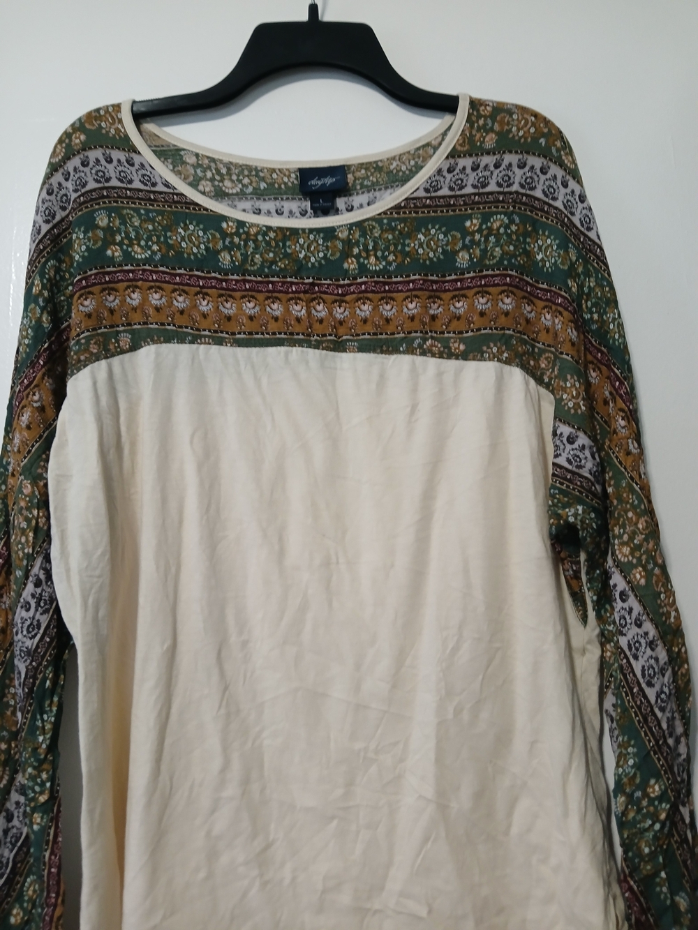 Daytrip Cream Long Sleeve Top with Green & Mustard Print Yoke